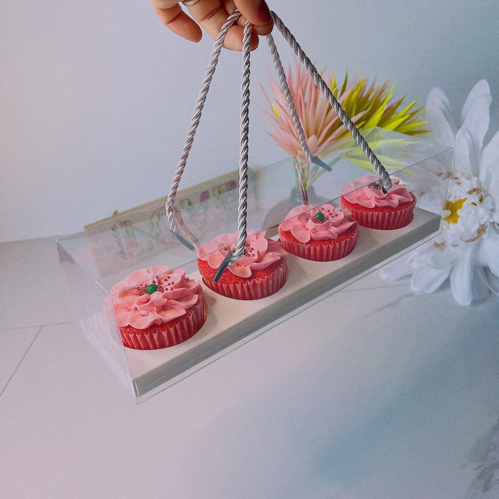Generic packaging reference for 4-hole cupcake box with string